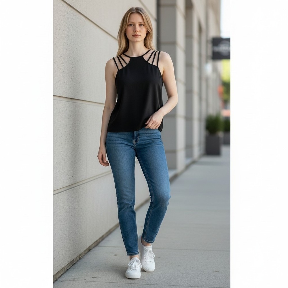 Shein Curve Tank Top Womens 2XL Black Strappy Cage Neck Sleeveless Blouse